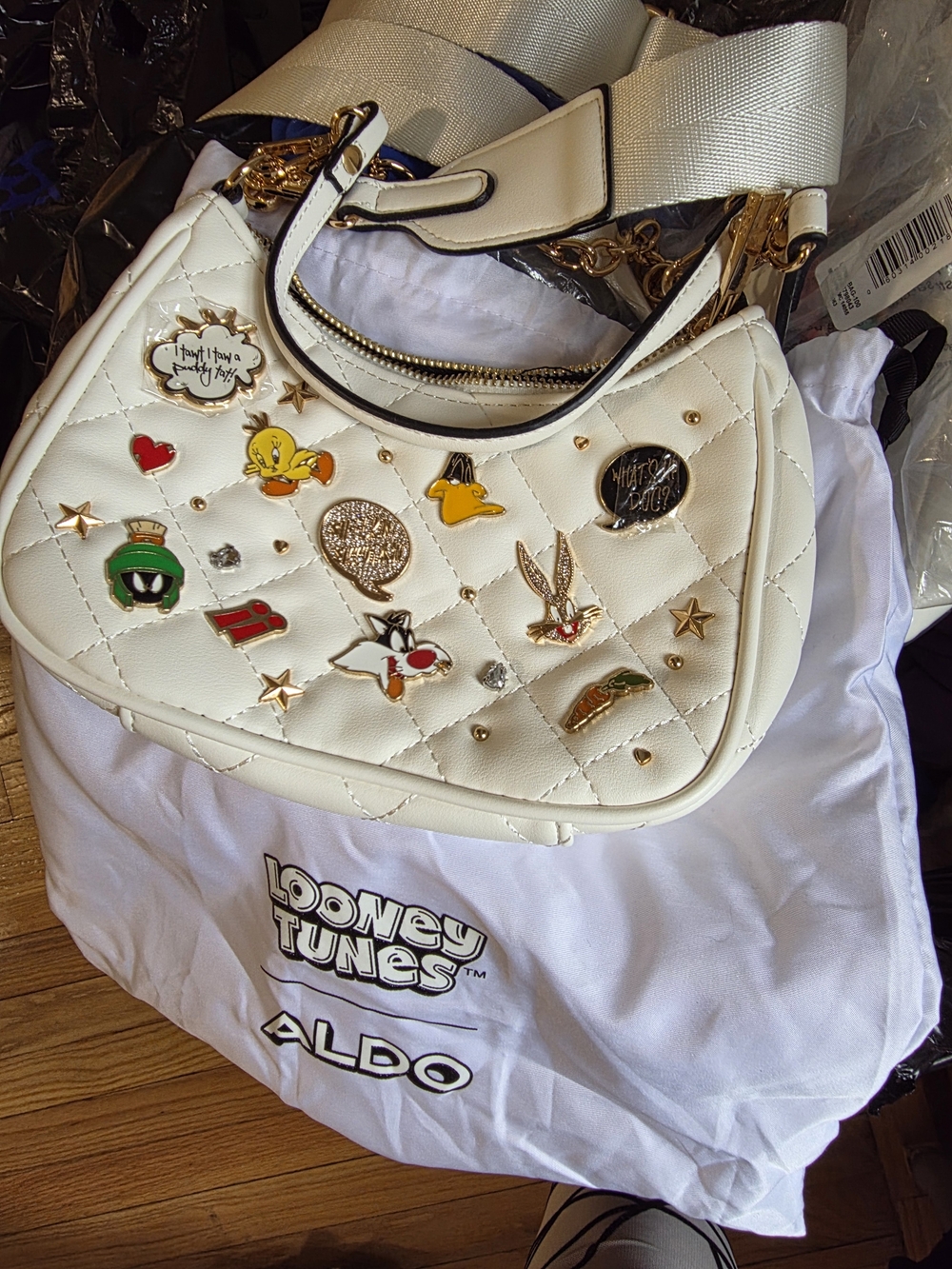 ALDO Cream Quilted Shoulder Bag with Looney Tunes Pins